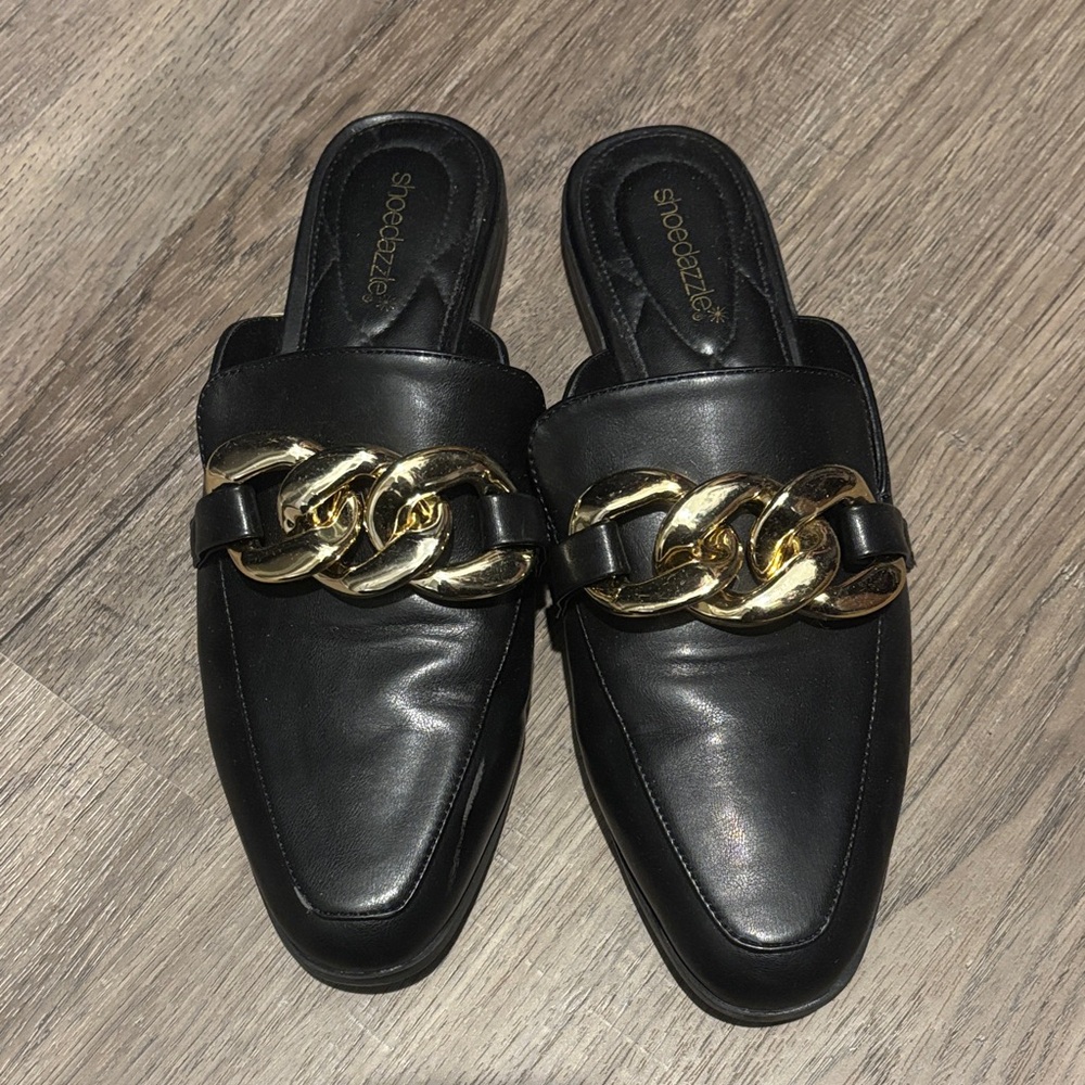 Shoe Dazzle Black Mules with Gold Accent